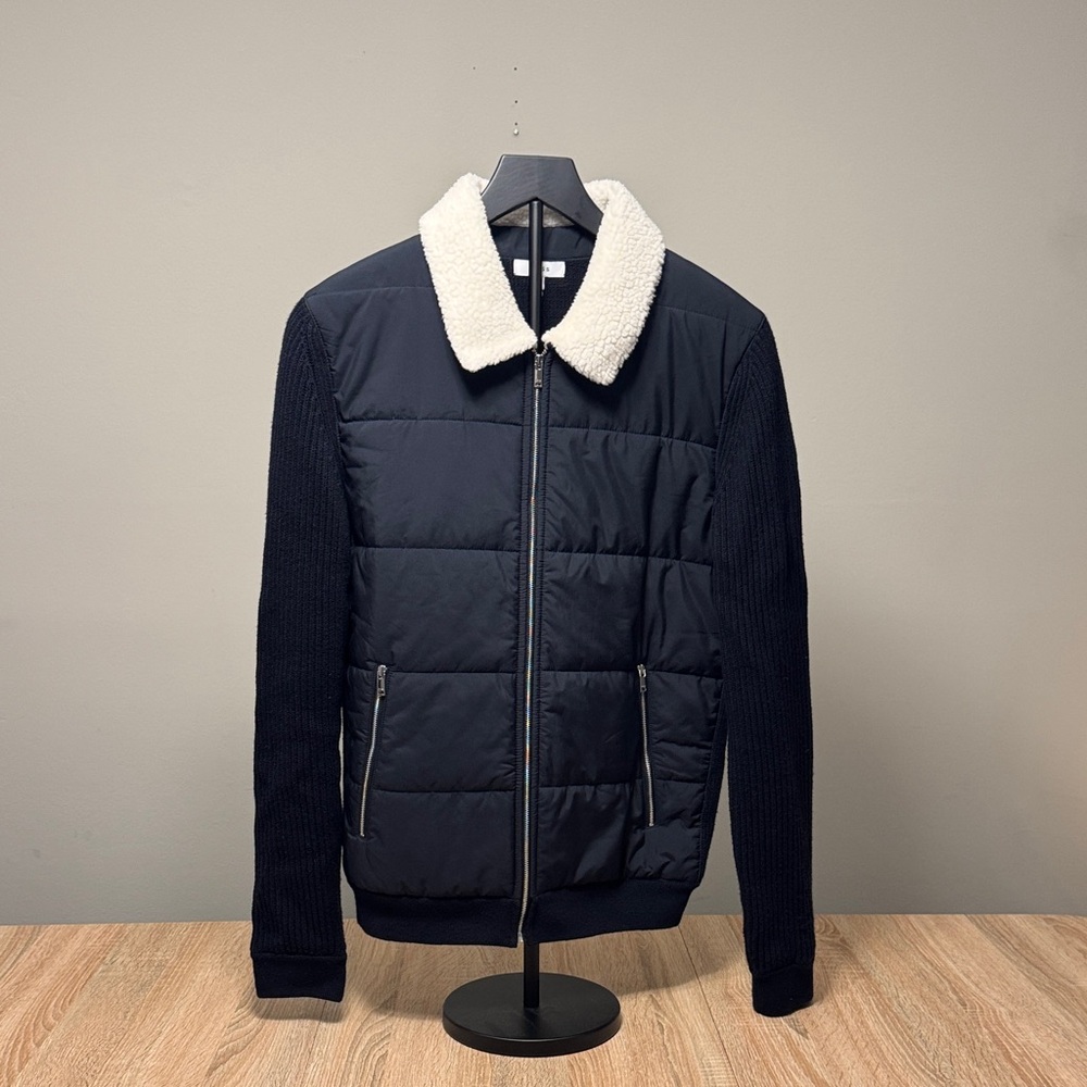 Reiss Puffer / Knit Black Jacket with Fuzzy White Collar
